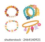 Vibrant Vector Set Of Children Bracelets Adorned With Colorful Beads, Charms, Letters, Ladybug, Floral Patterns