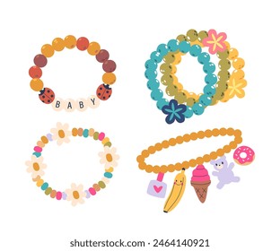 Vibrante Vector Conjunto De Pulseras Para Niños Adornadas Con Cuentas De Colores, Encantos, Letras, Mariquita, Patrones Florales