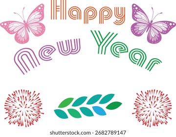 A vibrant vector set of colorful butterflies, leaves, and the symbol of fireworks in a 'Happy New Year' design is perfect for a New Year greeting.