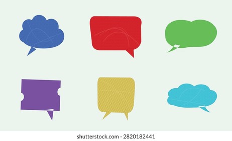 A vibrant vector set of colorful speech bubbles and thought clouds with subtle textures. Features a blue cloud-shaped speech bubble, a bold red chat box, a green double-oval bubble, a purple notched frame, a yellow square speech box, and a cyan thought cloud. Perfect for comic book illustrations, social media graphics, promotional banners, web UI design, and creative labels.

#SpeechBubble #ThoughtBubble #VectorArt #GraphicDesign #ComicBubbles #TextFrame #ChatBox #DesignElements #CreativeVector #DialogBox #Illustration #WebDesign #BannerDesign #SocialMediaGraphics #VectorGraphics
