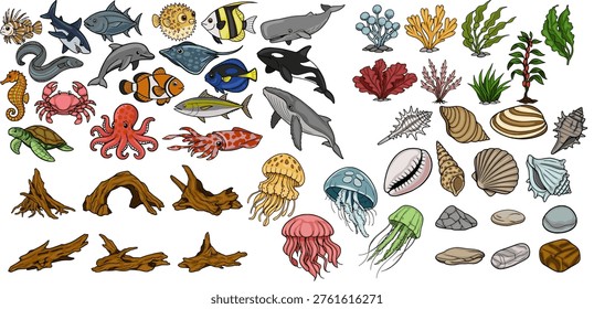 Vibrant vector set of diverse underwater marine life and elements