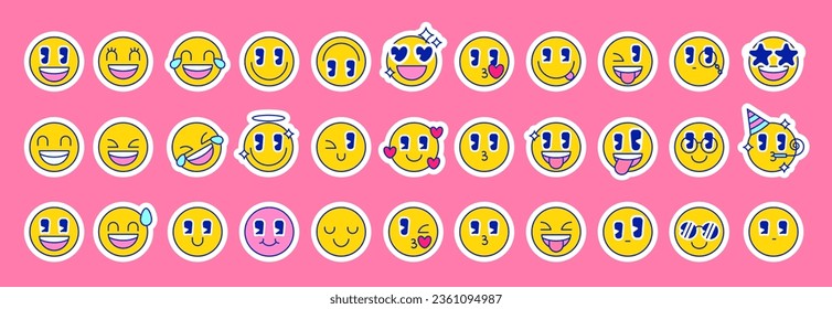 Vibrant vector set emoji stickers. Cartoon retro emoji set with outline. Positive emotions. Bright symbols funny cute comic characters. Emoticon stickers design templates for design