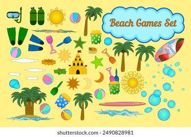 Vibrant vector set featuring beach games and summer activities, perfect for summertime fun and creative projects. Includes toys, palm trees, and more.