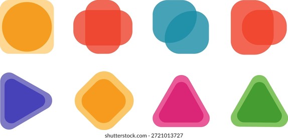 Um conjunto de vetores vibrantes com oito formas geométricas arredondadas exclusivas, ideais para layouts de design modernos, planos de fundo ou componentes de interface do usuário. Esses elementos mínimos exibem arestas limpas e proporções simples, incluindo quadrados suaves, ovais, triângulos contundentes e formas sobrepostas abstratas. As formas utilizam uma paleta colorida com efeitos em camadas e semitransparentes em alguns casos, proporcionando profundidade e uma estética contemporânea. Perfeito para apresentações digitais, cenários de design na Web, ícones de aplicativos, materiais de marca ou recursos educacionais que exigem componentes visuais simples, mas envolventes. O fundo branco nítido garante versatilidade e alta visibilidade para os elementos abstratos e coloridos.