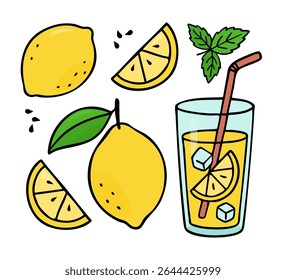 A vibrant vector set of hand-drawn lemonade elements: whole lemons, slices, mint, and a refreshing drink with ice. Perfect for summer, food, drink menus, and healthy lifestyle designs.