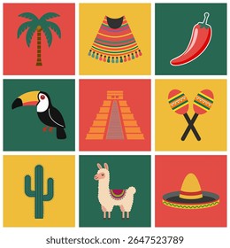 A vibrant vector set of Mexican icons, showcasing cultural elements like sombreros, cacti, and maracas for festive and ethnic designs

