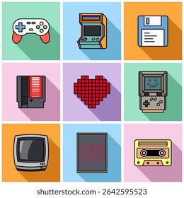 A vibrant vector set of nine retro video game icons