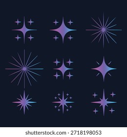 Vibrante conjunto de Vector de destellos, estallido estelar y efectos de luz brillante. Iconos modernos del duotono del gradiente para el diseño, la magia, la celebración, y los Elementos de UI en un fondo oscuro.