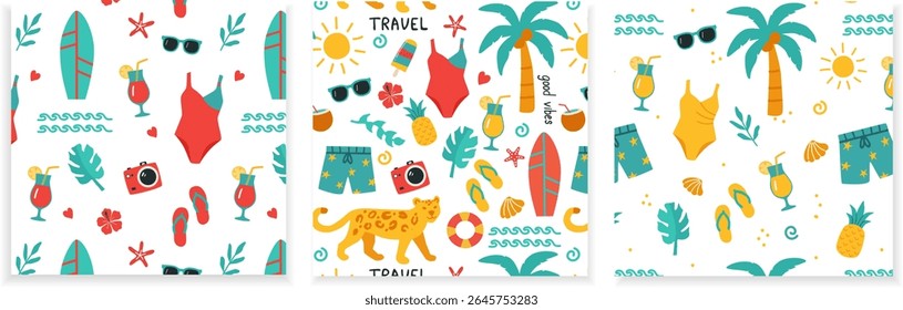 A vibrant vector set of three seamless patterns, each filled with playful summer travel and beach elements. Perfect for textiles, digital backgrounds, party decor, and holiday branding.