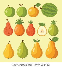 A vibrant vector set of various fruits including pear, orange, watermelon, and apple in diverse colors and shapes. Perfect for design projects