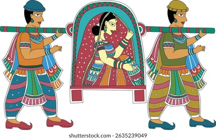 Vibrant vector showing Bengali bride in a palanquin carried by two men, in traditional folk art style. Ideal for Indian culture, wedding, or festive design projects.  Folk style vector of Bengali