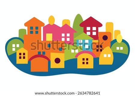 A vibrant vector showing a crowded city merging into a calm village, symbolizing urban growth and rural transition. Perfect for topics on development, migration, and population change.