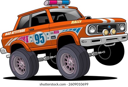 The vibrant vector shows an orange rally car labeled "BAD ATTITUDE," "DIRT," "RALLY," and "95," with oversized wheels, roof lights, and bold graphics, radiating energy and adventure