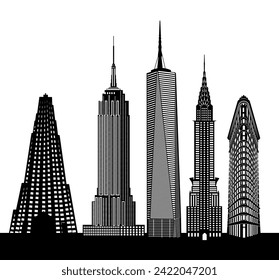 Vibrant vector silhouette of iconic USA skyline, featuring landmarks like Empire State Building, One World Trade Center, Statue of Liberty, and more, capturing their majestic presence in stunning deta