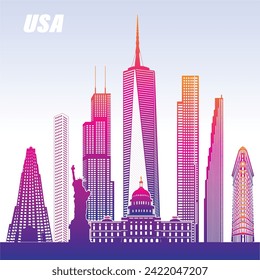 Vibrant vector silhouette of iconic USA skyline, featuring landmarks like Empire State Building, One World Trade Center, Statue of Liberty, and more, capturing their majestic presence in stunning deta