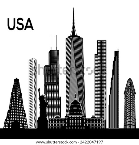 Vibrant vector silhouette of iconic USA skyline, featuring landmarks like Empire State Building, One World Trade Center, Statue of Liberty, and more, capturing their majestic presence in stunning deta
