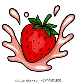 Vibrant vector strawberry splashing in pink liquid, isolated on white