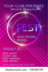 Vibrant vector template with abstract geometric shapes, trendy elements, neon shining effect. Used as flyer for Electronic Music event, club party fest, music poster. A4 Vertical orientation.