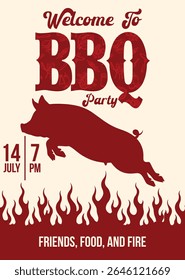 A vibrant vector template for a barbecue invitation featuring a stylized pig, fiery elements, and bold typography, perfect for a lively outdoor gathering.