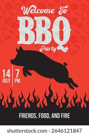 Um modelo vetorial vibrante para um convite para uma festa de churrasco, com uma silhueta ousada de porco contra um cenário ardente, perfeito para uma noite de amigos, comida e diversão.