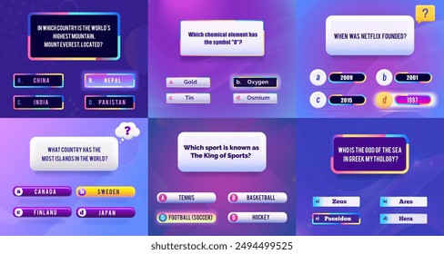 Vibrant vector template for a quiz or trivia game. Includes multiple-choice questions on a colorful, engaging background. Ideal for educational content and interactive games.