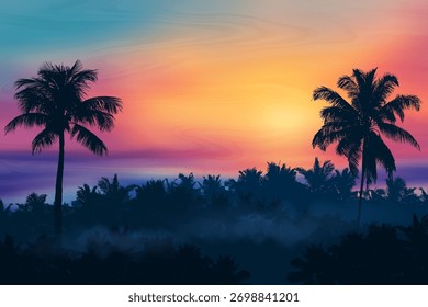 Puesta de sol tropical vibrante del Vector con el cielo púrpura y anaranjado sobre las siluetas de la palmera en un horizonte tranquilo