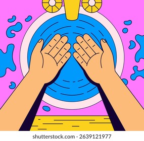 Vibrant vector of two hands being washed under a faucet in a round sink. Emphasizes hygiene with playful, colorful cartoon style