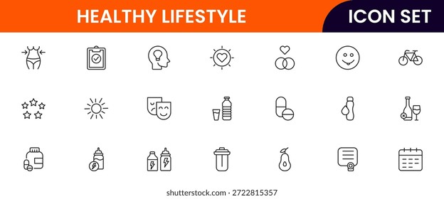 Iconos de línea de Web de Vector vibrante que representan un estilo de vida saludable, fitness, nutrición, bienestar, ejercicio y hábitos equilibrados para una vida vibrante.