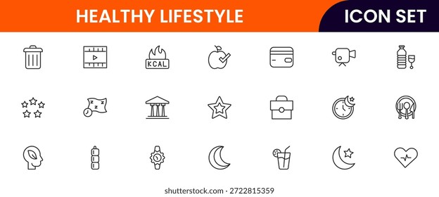 Iconos de línea de Web de Vector vibrante que representan un estilo de vida saludable, fitness, nutrición, bienestar, ejercicio y hábitos equilibrados para una vida vibrante.