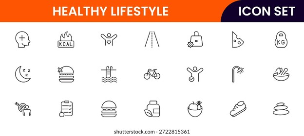 Iconos de línea de Web de Vector vibrante que representan un estilo de vida saludable, fitness, nutrición, bienestar, ejercicio y hábitos equilibrados para una vida vibrante.
