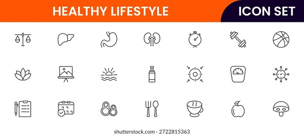 Iconos de línea de Web de Vector vibrante que representan un estilo de vida saludable, fitness, nutrición, bienestar, ejercicio y hábitos equilibrados para una vida vibrante.