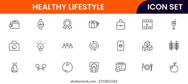 Iconos de línea de Web de Vector vibrante que representan un estilo de vida saludable, fitness, nutrición, bienestar, ejercicio y hábitos equilibrados para una vida vibrante.