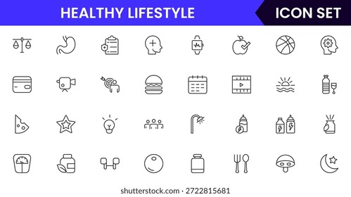 Iconos de línea de Web de Vector vibrante que representan un estilo de vida saludable, fitness, nutrición, bienestar, ejercicio y hábitos equilibrados para una vida vibrante.