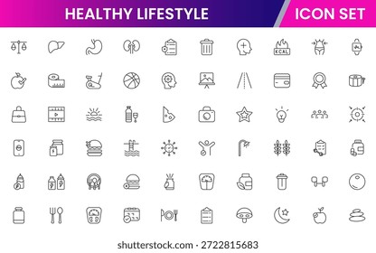 Lebendige Vektorsymbole, die gesunden Lebensstil, Fitness, Ernährung, Wellness, Bewegung und ausgewogene Gewohnheiten für ein lebendiges Leben darstellen.
