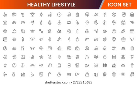 Iconos de línea de Web de Vector vibrante que representan un estilo de vida saludable, fitness, nutrición, bienestar, ejercicio y hábitos equilibrados para una vida vibrante.