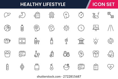 Iconos de línea de Web de Vector vibrante que representan un estilo de vida saludable, fitness, nutrición, bienestar, ejercicio y hábitos equilibrados para una vida vibrante.