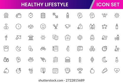 Iconos de línea de Web de Vector vibrante que representan un estilo de vida saludable, fitness, nutrición, bienestar, ejercicio y hábitos equilibrados para una vida vibrante.