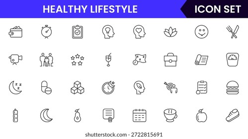 Iconos de línea de Web de Vector vibrante que representan un estilo de vida saludable, fitness, nutrición, bienestar, ejercicio y hábitos equilibrados para una vida vibrante.