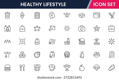 Iconos de línea de Web de Vector vibrante que representan un estilo de vida saludable, fitness, nutrición, bienestar, ejercicio y hábitos equilibrados para una vida vibrante.