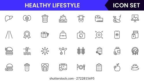 Iconos de línea de Web de Vector vibrante que representan un estilo de vida saludable, fitness, nutrición, bienestar, ejercicio y hábitos equilibrados para una vida vibrante.