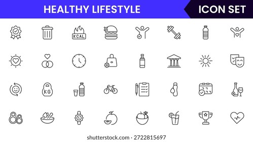Iconos de línea de Web de Vector vibrante que representan un estilo de vida saludable, fitness, nutrición, bienestar, ejercicio y hábitos equilibrados para una vida vibrante.