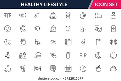 Iconos de línea de Web de Vector vibrante que representan un estilo de vida saludable, fitness, nutrición, bienestar, ejercicio y hábitos equilibrados para una vida vibrante.