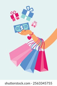 A vibrant vector of a woman holding a blue and pink shopping bag with banknotes in her hand. Scattered gift boxes add a festive touch, perfect for retail and holiday themes.