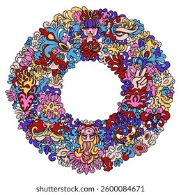 A vibrant vector wreath featuring female faces, stylized floral ornaments in psychedelic and Art Nouveau style in vivid colors. Vector circular design isolated on a white background