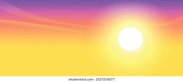 
A vibrant vector of a yellow sky illuminated by a shining sun, creating a cheerful and warm atmosphere. Perfect for summer themes, outdoor activities, and cheerful design projects.