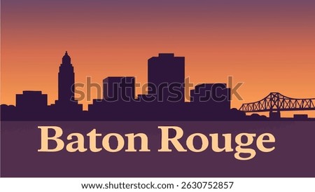 A vibrant vector-style illustration of Baton Rouge, showcasing the iconic Capitol Building with the Mississippi River flowing through the city, illuminated at night