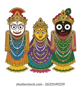 Uma vibrante ilustração em estilo vetorial de Lord Jagannath, Balabhadra e Subhadra na arte tradicional Pattachitra sobre um fundo branco limpo. Ideal para colecionadores de arte digital, festival hindu 

