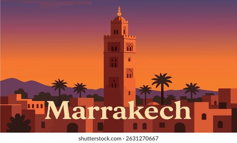 A vibrant vector-style illustration of Marrakech’s medina, with its bustling souks, palm trees, and a breathtaking sunset over the Atlas Mountains