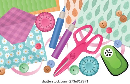 A vibrant vector-style illustration showcasing a collection of arts and crafts supplies, ideal for DIY projects, scrapbooking, card making, and creative workshops. The colorful assortment includes pink craft scissors, patterned papers, envelopes, decorative buttons, flower cutouts, glue pens, and a green paper punch, carefully arranged to highlight a playful and inspiring crafting environment. Each item is rendered in a clean, cartoon-inspired vector style with bold outlines and bright colors, making the composition visually appealing and easy to use for educational, promotional, or decorative purposes.

This illustration captures the essence of creativity, hands-on crafting, and artistic expression, emphasizing tools commonly used in scrapbooking, personalized card creation, DIY tutorials, and handmade project planning. The detailed depiction of each supply item allows viewers to easily recognize and engage with the materials, encouraging a sense of fun, imagination, and productivity in crafting activities. The inclusion of envelopes and patterned papers suggests possibilities for correspondence, journaling, or festive projects, while the scissors, glue pens, and paper punch emphasize precision and practical techniques.

Perfect for crafting-related marketing campaigns, DIY blog articles, instructional materials, workshop flyers, online tutorials, classroom projects, social media graphics, and creative project promotions. Designers, educators, and hobbyists can use this illustration for visual storytelling, printable templates, or seasonal promotions. The playful arrangement and vector clarity ensure the artwork is versatile for both digital and print applications, including posters, banners, greeting cards, and instructional guides.

The artwork also subtly references cultural themes, such as the Year of the Horse, making it adaptable for themed projects or celebrations where creative expression is emphasized. The balance of bright tones, engaging shapes, and clean vector lines.