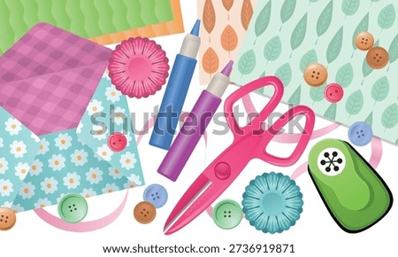 A vibrant vector-style illustration showcasing a collection of arts and crafts supplies, ideal for DIY projects, scrapbooking, card making, and creative workshops. The colorful assortment includes pink craft scissors, patterned papers, envelopes, decorative buttons, flower cutouts, glue pens, and a green paper punch, carefully arranged to highlight a playful and inspiring crafting environment. Each item is rendered in a clean, cartoon-inspired vector style with bold outlines and bright colors, making the composition visually appealing and easy to use for educational, promotional, or decorative purposes.

This illustration captures the essence of creativity, hands-on crafting, and artistic expression, emphasizing tools commonly used in scrapbooking, personalized card creation, DIY tutorials, and handmade project planning. The detailed depiction of each supply item allows viewers to easily recognize and engage with the materials, encouraging a sense of fun, imagination, and productivity in crafting activities. The inclusion of envelopes and patterned papers suggests possibilities for correspondence, journaling, or festive projects, while the scissors, glue pens, and paper punch emphasize precision and practical techniques.

Perfect for crafting-related marketing campaigns, DIY blog articles, instructional materials, workshop flyers, online tutorials, classroom projects, social media graphics, and creative project promotions. Designers, educators, and hobbyists can use this illustration for visual storytelling, printable templates, or seasonal promotions. The playful arrangement and vector clarity ensure the artwork is versatile for both digital and print applications, including posters, banners, greeting cards, and instructional guides.

The artwork also subtly references cultural themes, such as the Year of the Horse, making it adaptable for themed projects or celebrations where creative expression is emphasized. The balance of bright tones, engaging shapes, and clean vector lines.